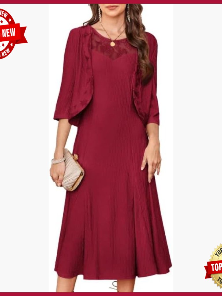 Mother Of Bride Dress With Lace Jacket - Sequin Midi Formal